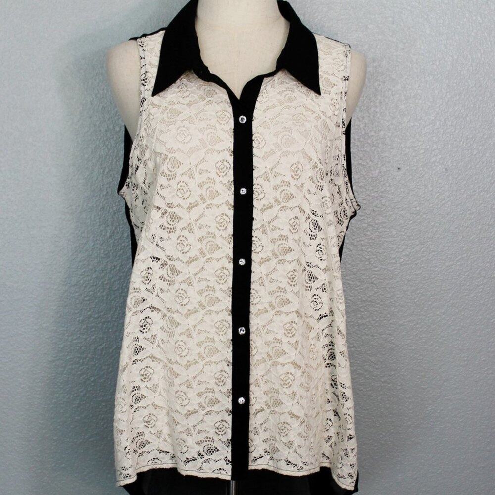 Finesse Sleeveless White Lace Front Sheer Black Back Blouse Size 1X
